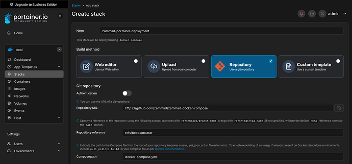 Screenshot showing stack creation with necessary information