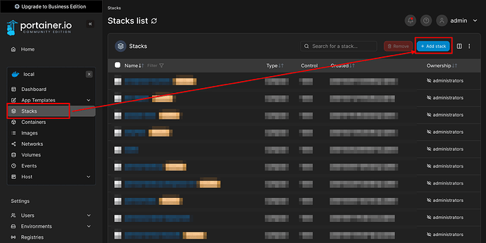 Screenshot showing portainer UI with stacks section and highlighted "Add stack" button